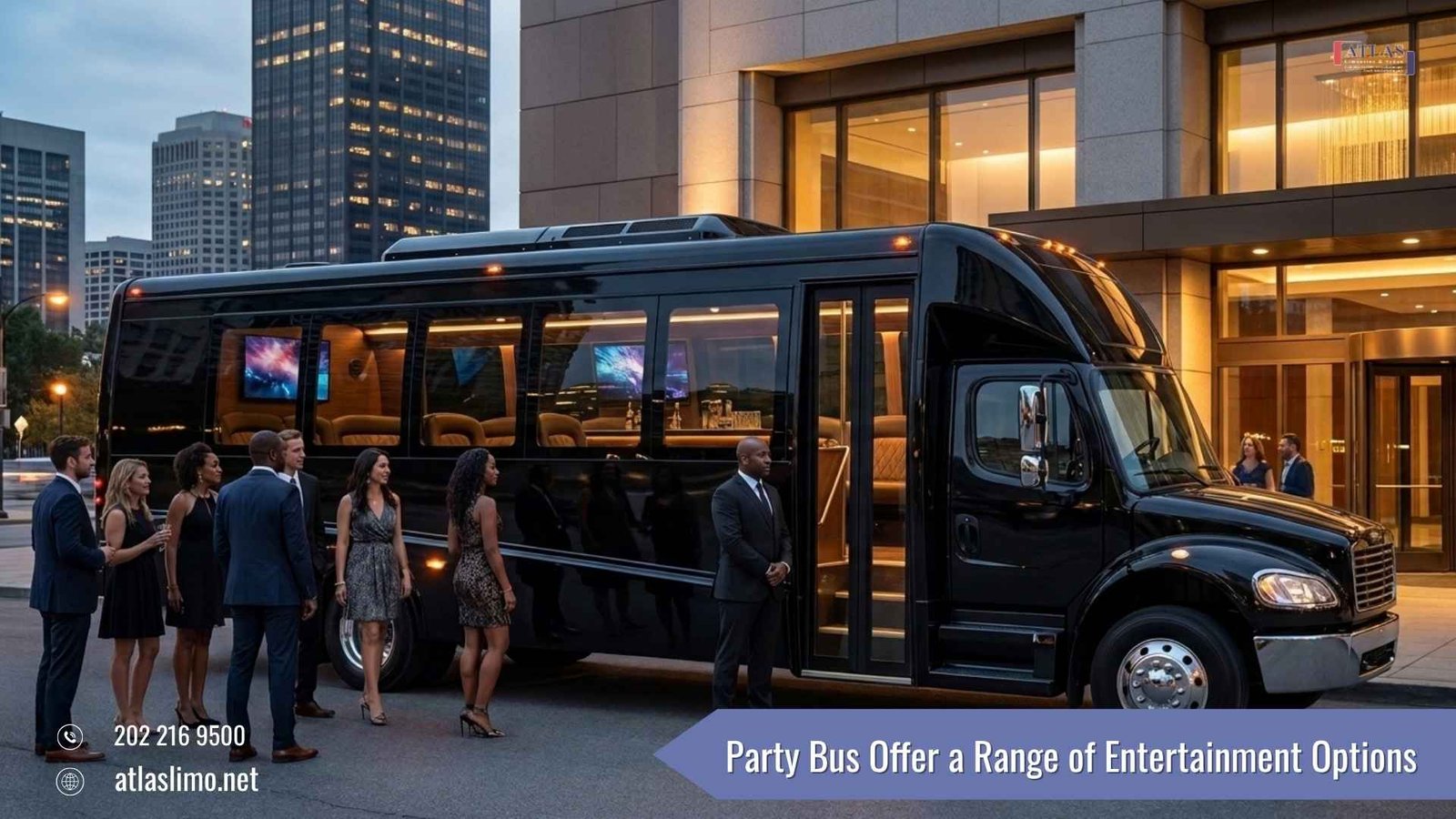 Atlas Limousine and Sedan luxury party bus with professional chauffeur and passengers arriving at an upscale event venue