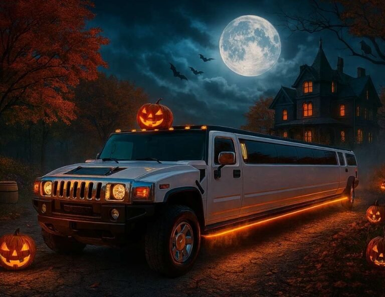 Atlas Limousine and Sedan Service Halloween Hummer stretch limo parked under a full moon with glowing jack-o'-lanterns, orange underglow lights, and a haunted Victorian house backdrop.