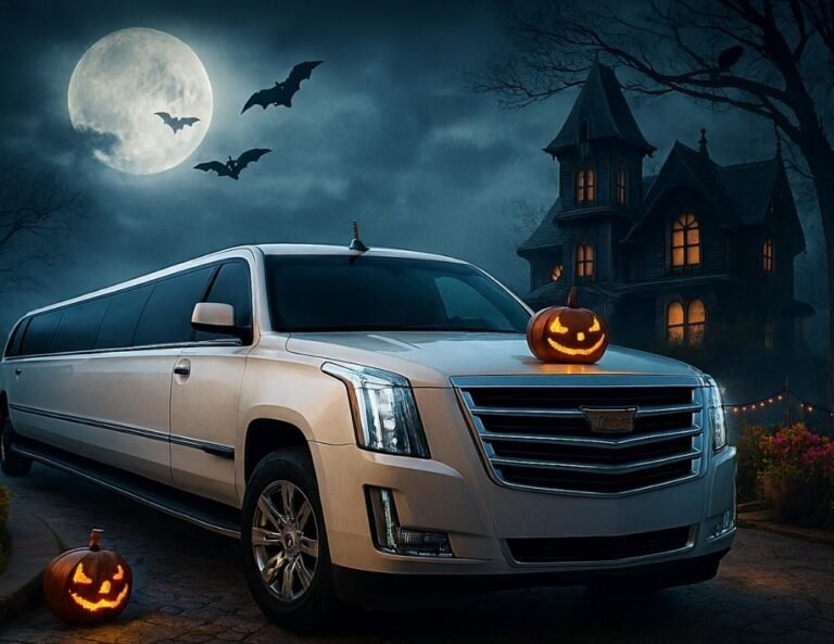 Atlas Limousine and Sedan Service Halloween Escalade stretch limo parked on a cobblestone driveway with jack-o'-lanterns and a spooky Victorian house under a full moon.