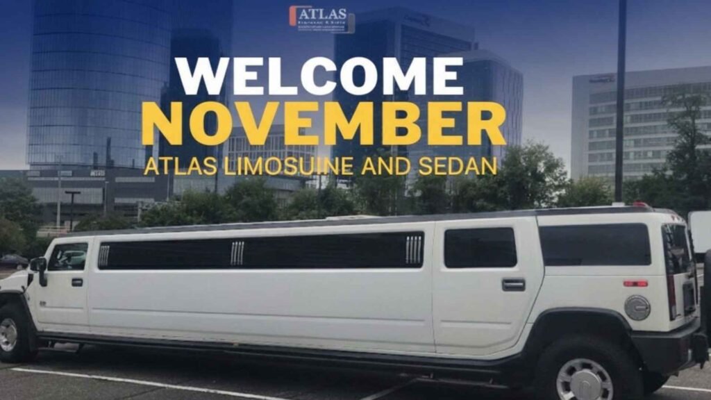 White Hummer stretch limousine parked in front of modern office buildings — Atlas Limousine and Sedan welcomes November.