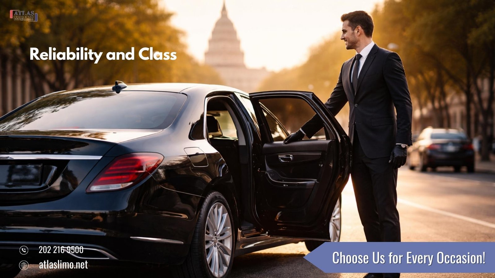 Professional chauffeur opening the door of a black luxury sedan in Washington, DC, representing Atlas Limousine and Sedan’s reliable and classy service.