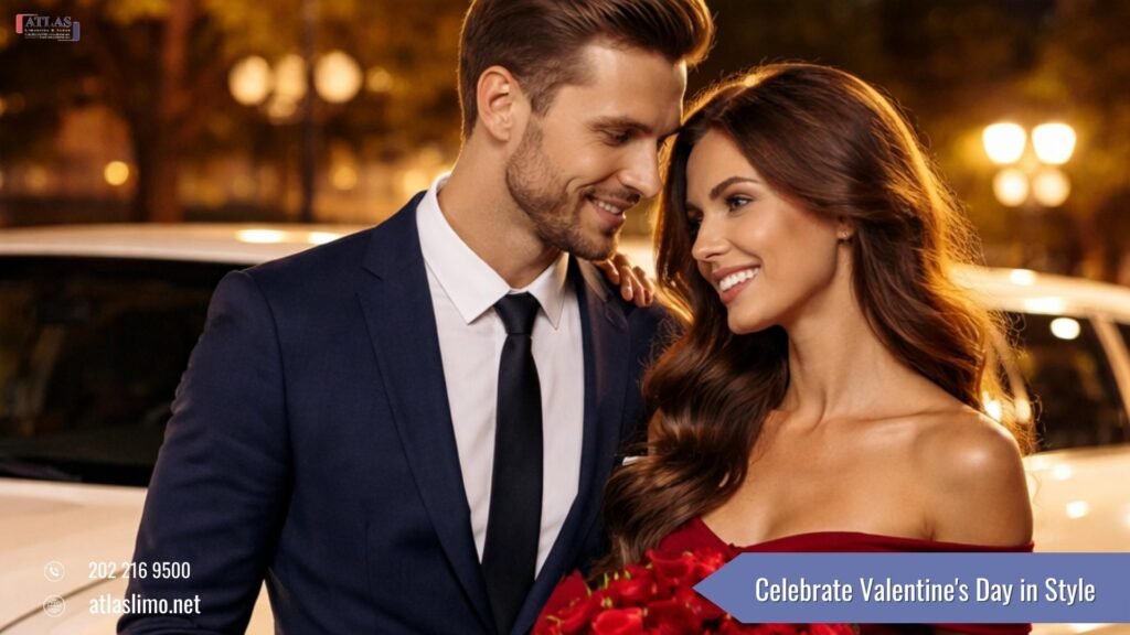 Well-dressed couple holding red roses in front of a white stretch limousine for a Valentine’s Day date night