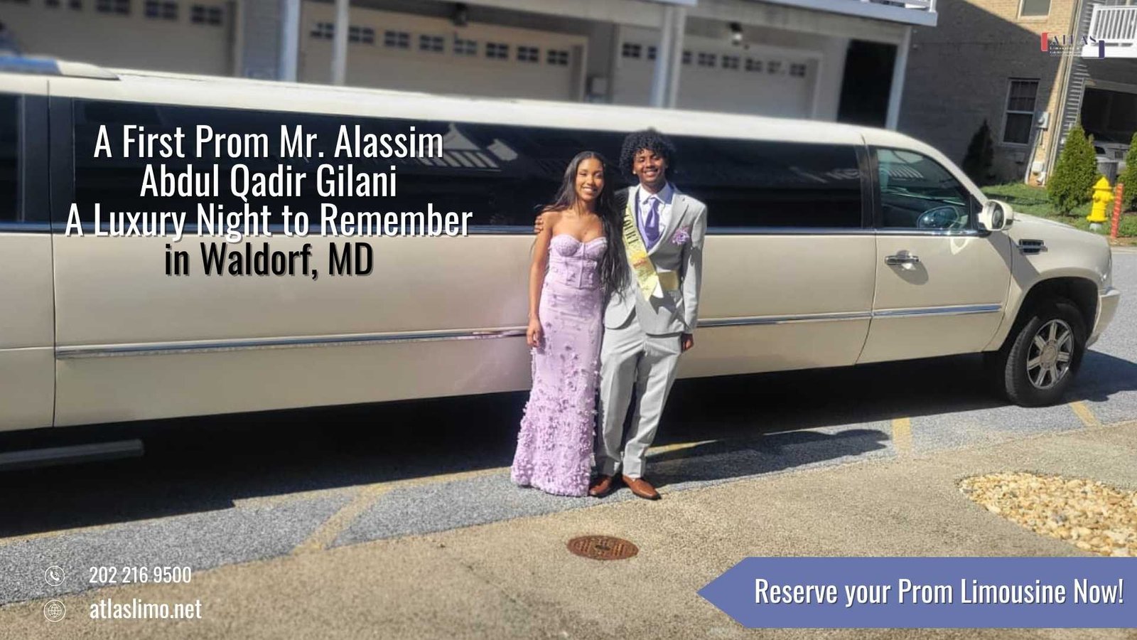 Students arriving for prom in a luxury limousine outside an elegant venue at night