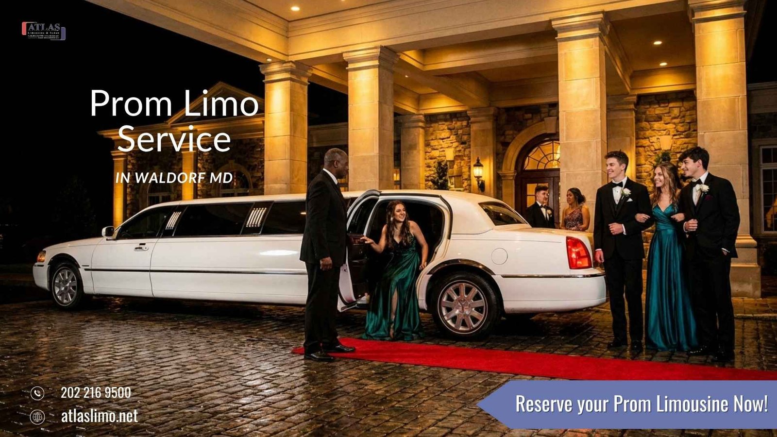 White stretch limousine for prom service in Waldorf MD outside an elegant venue at night