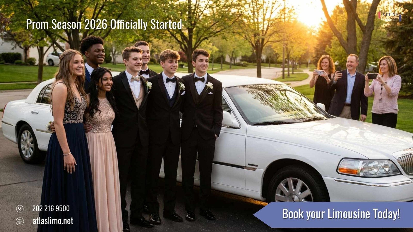 Prom night students arriving in a luxury limousine from Atlas Limousine and Sedan Service during Prom Season 2026 in Washington DC