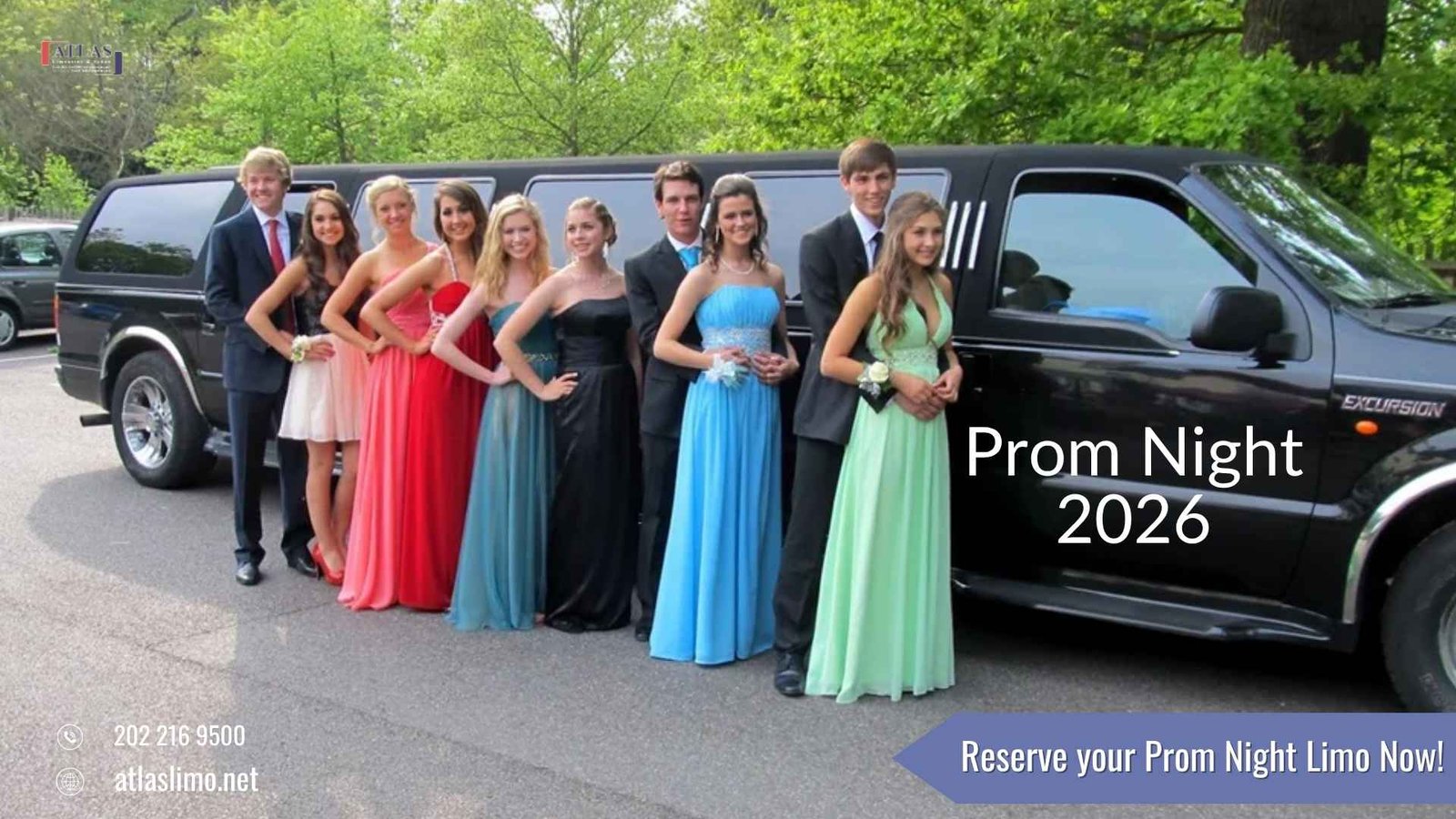 Atlas Limousine prom night 2026 luxury limo service with students posing beside stretch limousine