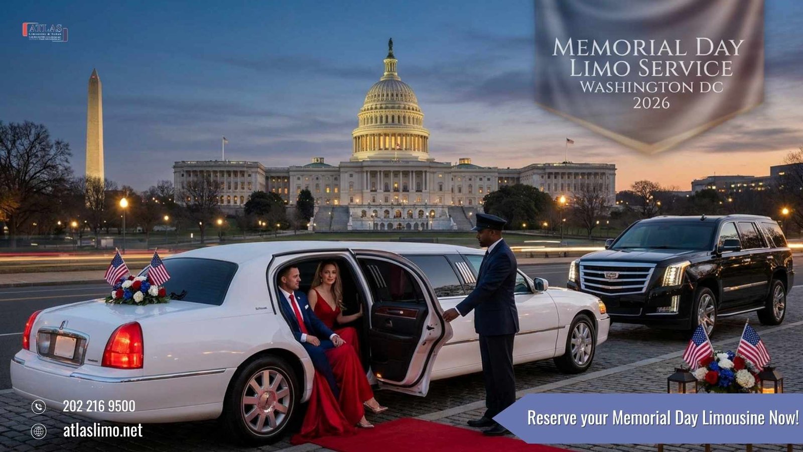Luxury black stretch limousine providing Memorial Day limo service in Washington DC for 2026 celebrations