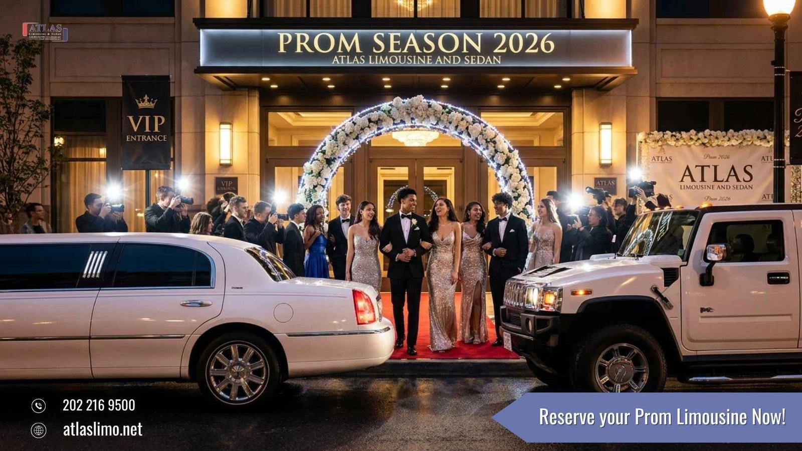 Students arriving in a luxury stretch limousine and sedan for Prom Season 2026 with Atlas Limousine and Sedan Service