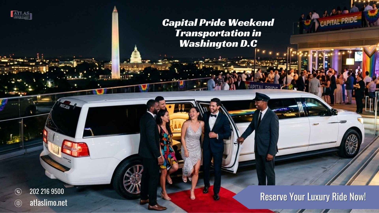 Atlas Limousine and Sedan luxury transportation service for Capital Pride Weekend in Washington DC with professional chauffeur and premium limousine