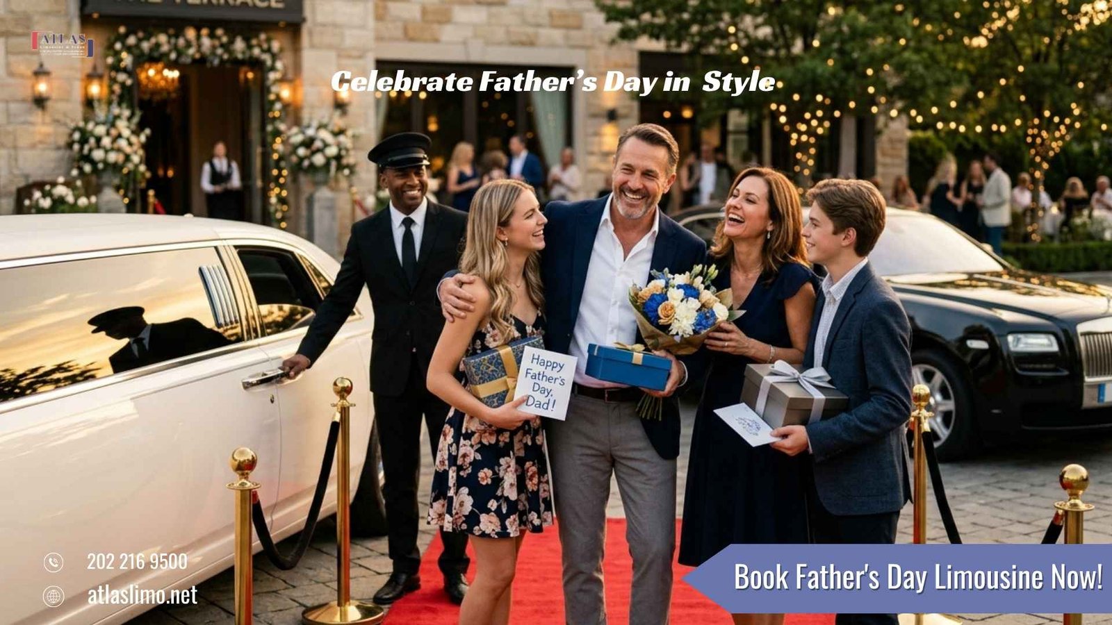 Atlas Limousine and Sedan luxury Father’s Day transportation service featuring a premium limousine, professional chauffeur, and family celebration