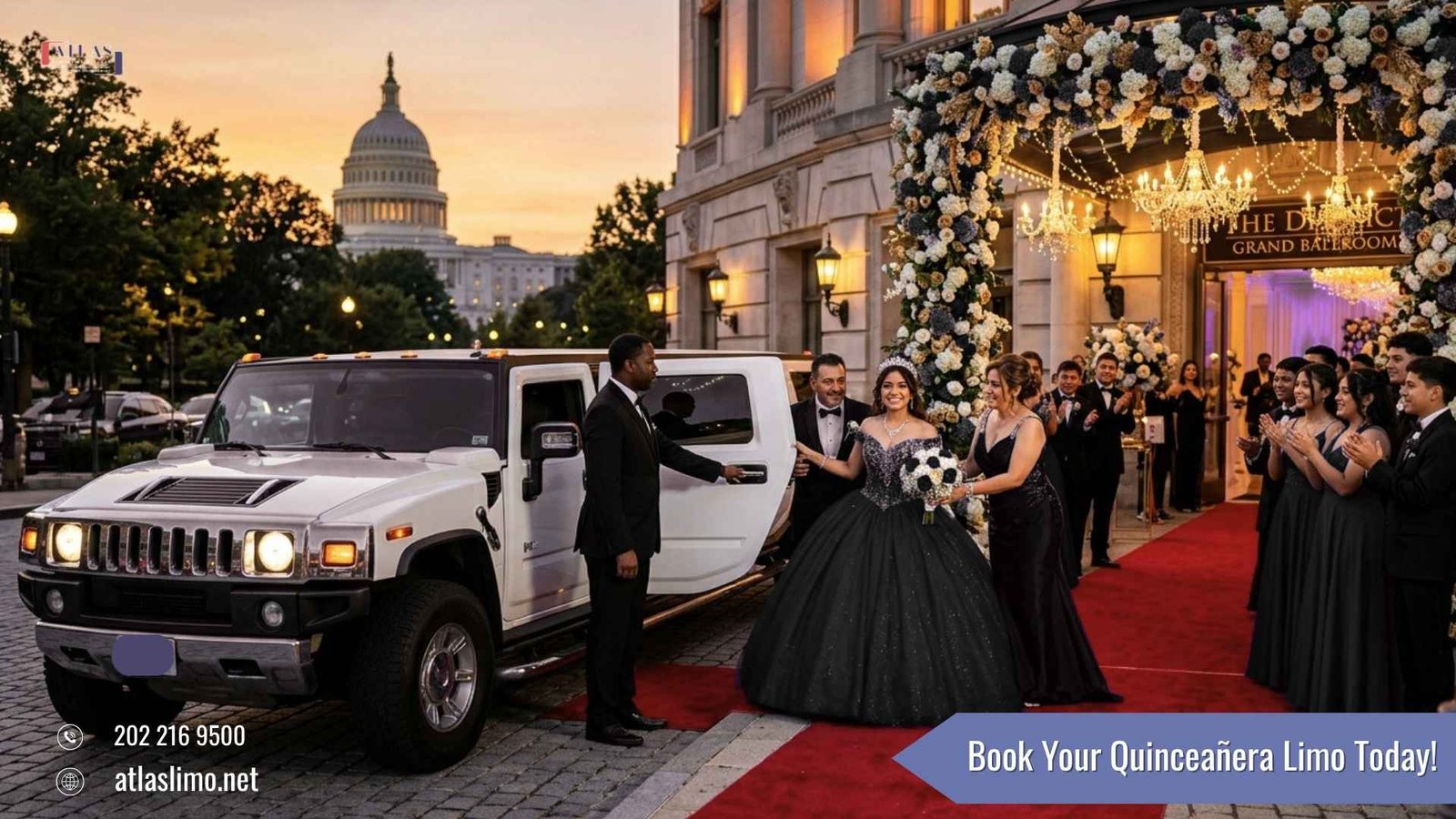 Atlas Limousine and Sedan luxury Quinceañera limousine service with elegant stretch limousine and princess-style celebration in Washington DC, Virginia, and Maryland