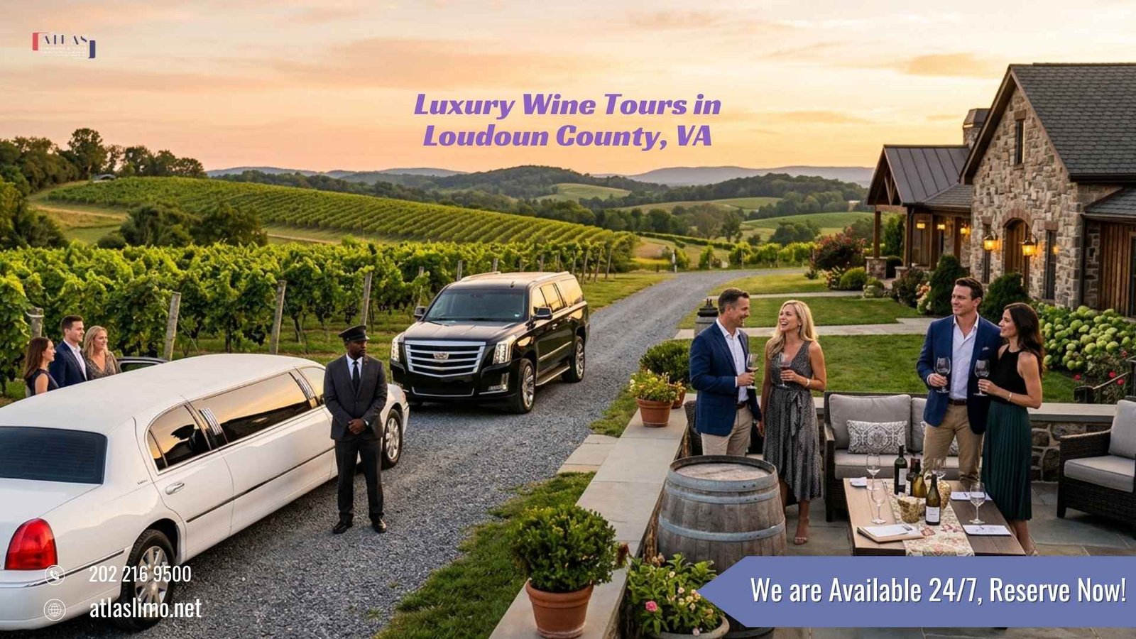 Atlas Limousine and Sedan luxury wine tour transportation at a Loudoun County Virginia vineyard with premium limousine and winery views