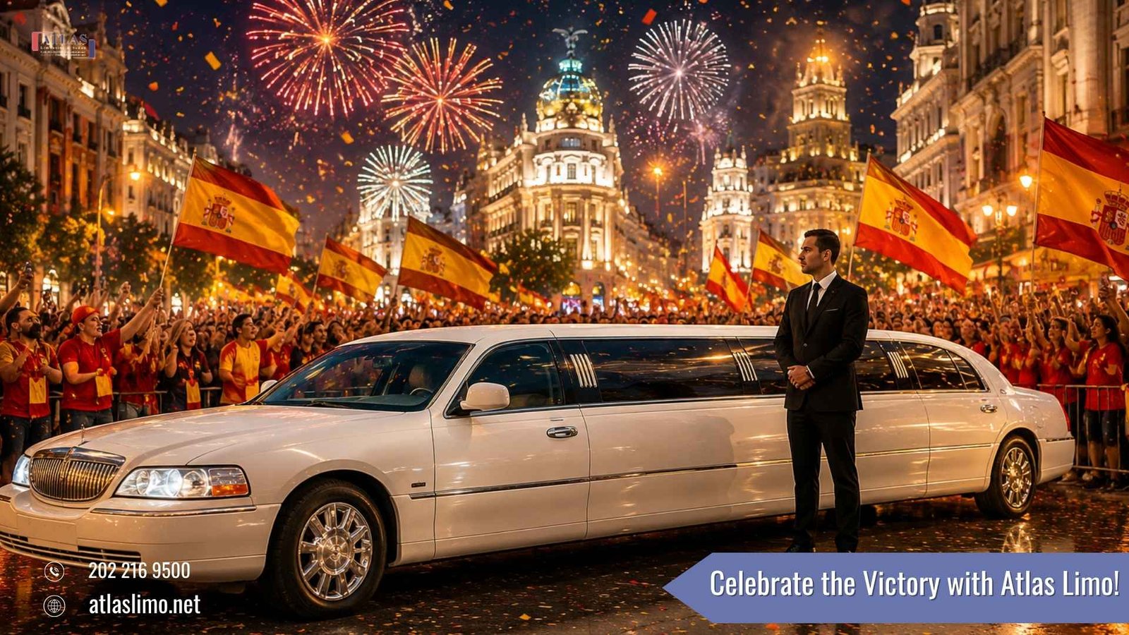 Spain World Champions celebration with Spanish flags and Atlas Limousine luxury transportation for championship events
