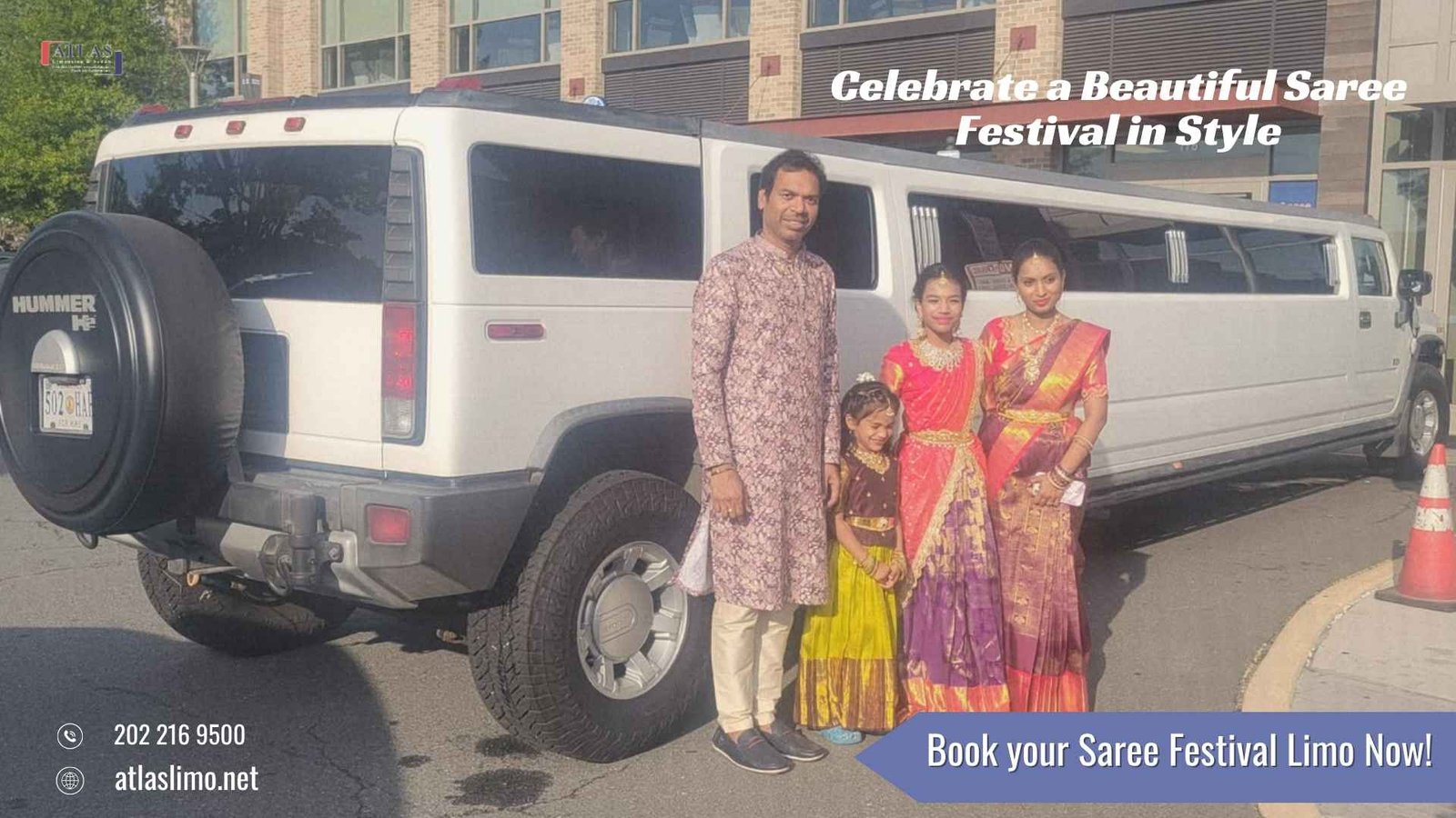 Atlas Limousine luxury transportation for a beautiful saree festival celebration with elegant cultural attire and chauffeur service