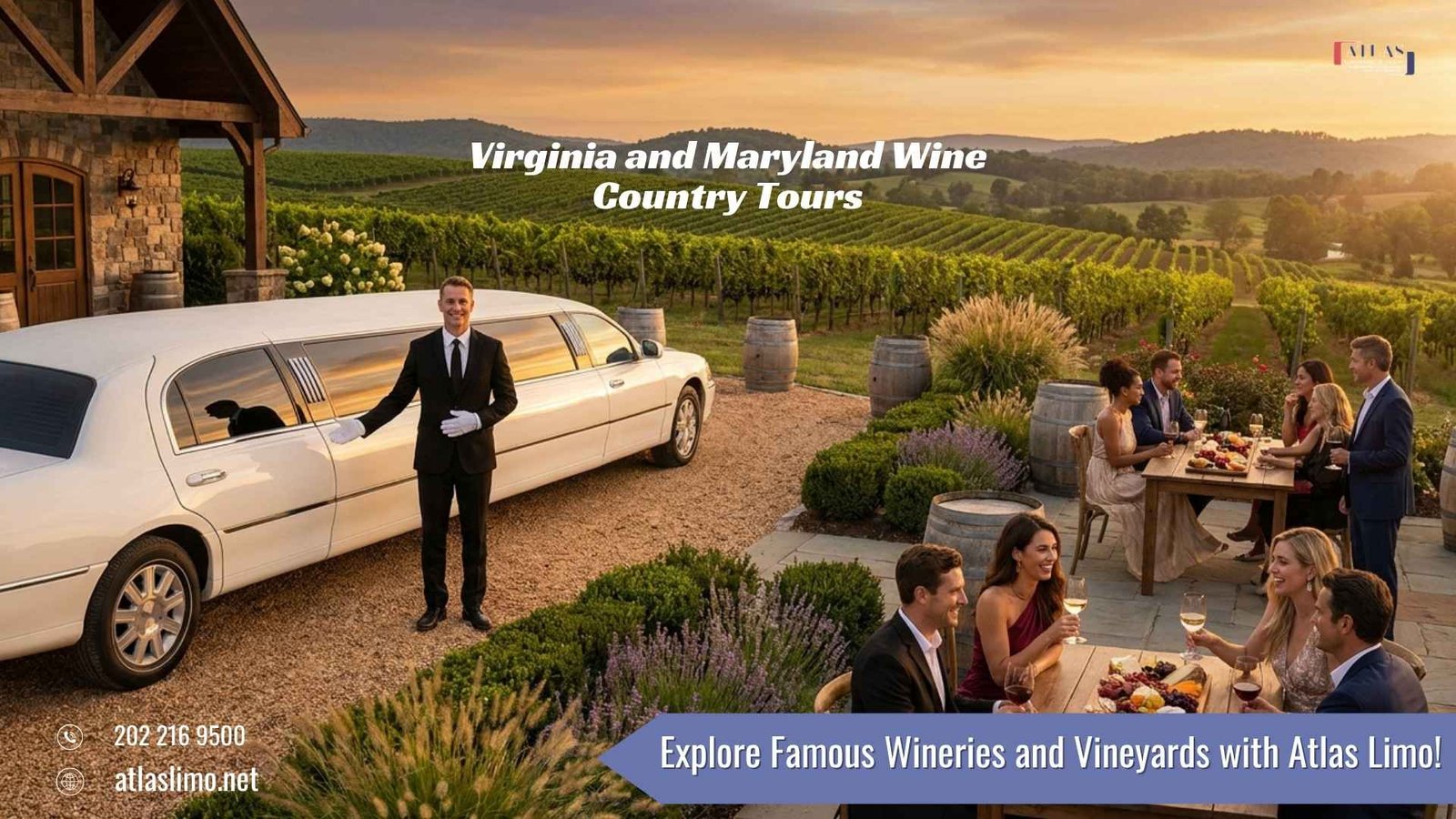 Atlas Limousine and Sedan luxury wine country tour featuring a white stretch limousine at a scenic vineyard in Virginia and Maryland with professional chauffeur service