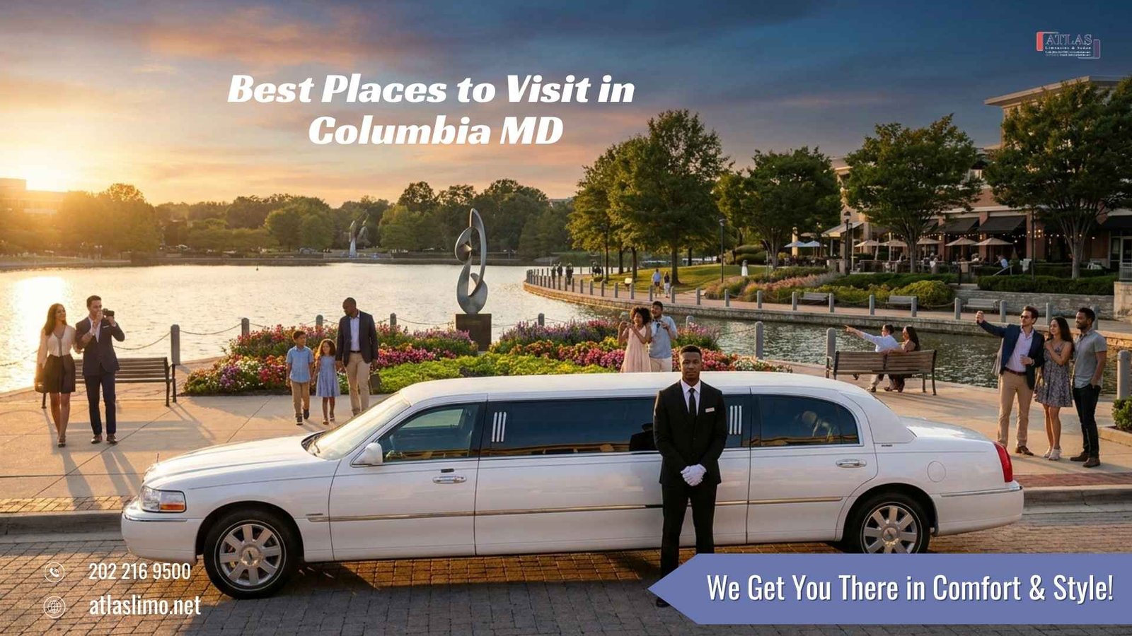 Atlas Limousine and Sedan white stretch limousine at Columbia, Maryland attractions with a professional chauffeur providing luxury sightseeing transportation