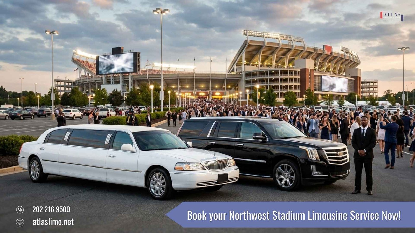 Atlas Limousine and Sedan white stretch limousine and black luxury SUV providing game day transportation to Northwest Stadium