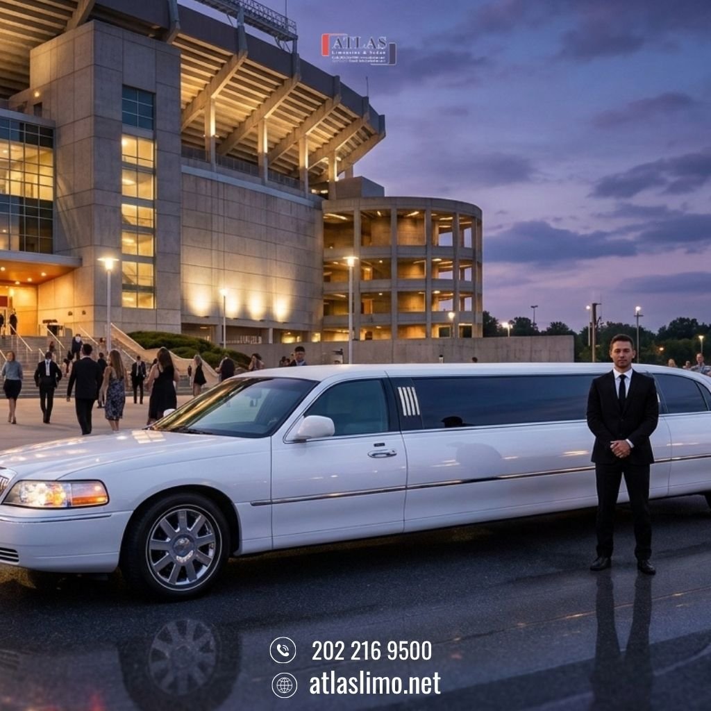 Atlas Limousine and Sedan white stretch limousine with professional chauffeur at Northwest Stadium in Maryland