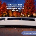 White stretch limousine decorated for Halloween transportation service