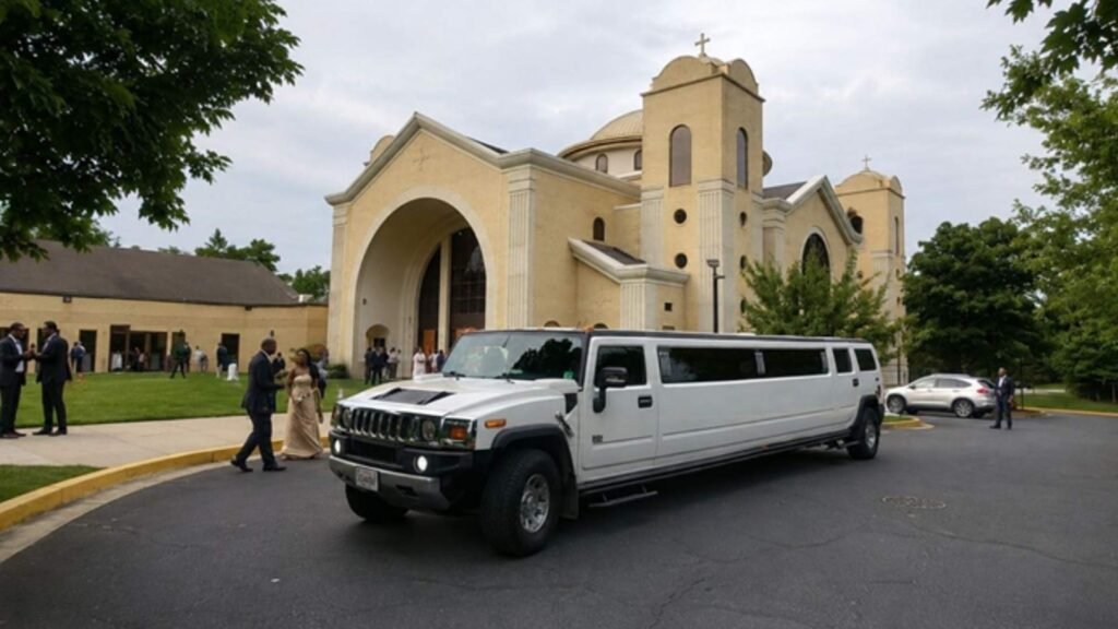 Hummer stretch limousine arriving for a wedding celebration with Washington Limo Service