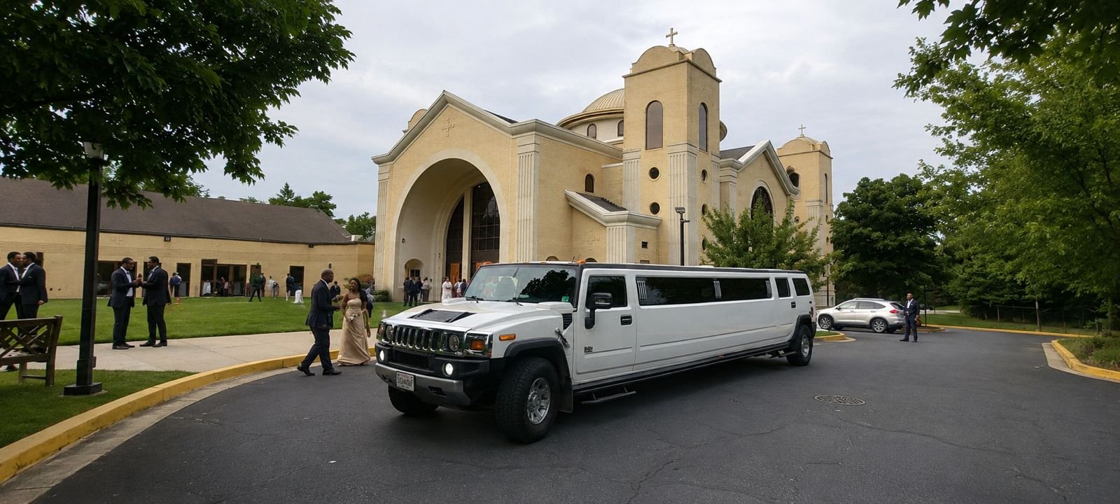 White Hummer Stretch Limousine outside a church for a wedding celebration