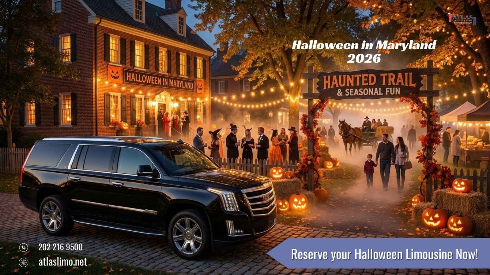Luxury black limousine at a Halloween celebration in Maryland